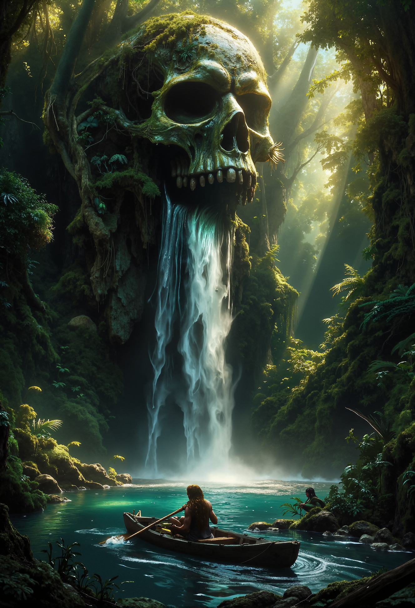 In the heart of a dense jungle, a serene lake lies beneath a cascading waterfall that pours dramatically from the gaping mouth of a colossal, ancient skull embedded in the cliffside. The skull, weathered by time, is overgrown with lush moss, vines, and ferns, blending seamlessly into the surrounding wilderness. Sunlight filters softly through the dense canopy, casting dappled light onto the scene, while the roar of the waterfall fills the humid air. On the lakeâs calm surface, an indigenous figure paddles a small, hand-carved wooden canoe, their presence adding a sense of life and mystery to this forgotten, primordial place. <lora:Dever_Flux_Enhancer.safetensors:0.5>,  <lora:Magic_of_Art_\(FLUX\).safetensors:1.0>,  <lora:aiai-Glimra-Flux-Dev-v2.safetensors:0.7>,  <lora:DarkCore-000003.safetensors:0.5>,