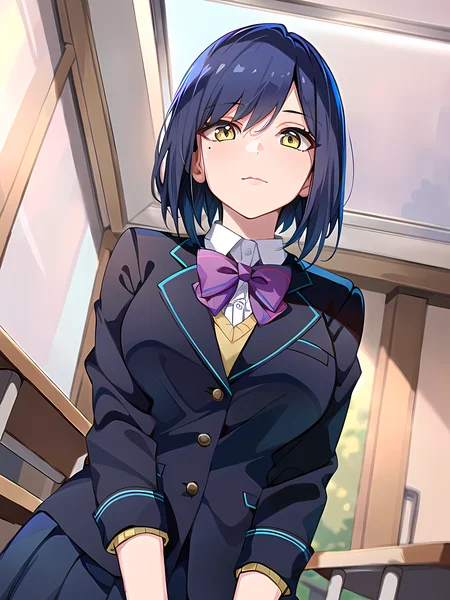 modelshoot style, (masterpiece:1.3), (absurdres:1.3), (best quality:1.3), (8K), (large masterpiece digital art), (detailed manga illustration), (handled hair), pureerosface_v1, perfect anatomy, (sharp eyeliner, eyeshadow, detailed eyes:1.1), (intricate details:1.3), (ultra-detailed:1.3), (illustration:1.3), (sharp focus:1.3), (natural lighting:1.05), (vivid colors:1.3), BREAK <lora:shizukaRinNijisanji_v1:0.7>, shizurin, 1girl, shizuka rin, solo, large breasts, school uniform, lips, yellow eyes, pleated skirt, purple bow, short hair, blazer, blue hair, purple pantyhose, long sleeves, mole under eye, bangs, bowtie, white shirt, black jacket, purple bowtie, collared shirt, black skirt, sweater, blue jacket, miniskirt, expressionless, closed mouth, upper body, close-up, pov, from below, portrait, BREAK indoors, classroom, window, sunlight, wooden floor,
