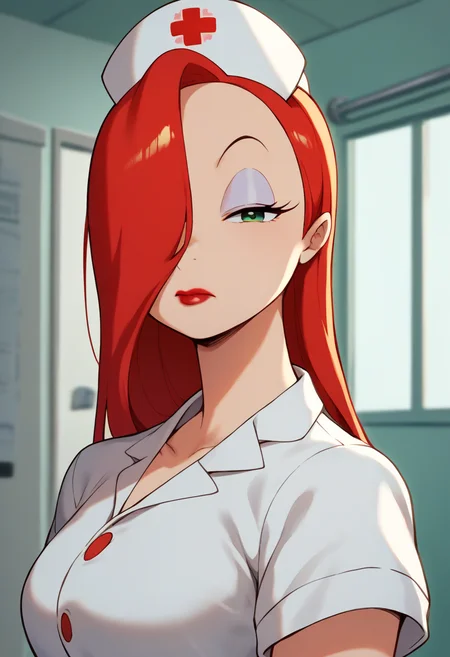 score_9, score_8_up, score_7_up, score_6_up, score_5_up, score_4_up, BREAK, source_anime,
1girl, jessicanurse, red hair, long hair, hair over one eye, green eyes, lipstick, makeup, nurse, nurse cap, miniskirt, closed mouth,
upper body, solo, looking at viewer, indoors, hospital background <lora:JessicaRabbitXL:1>