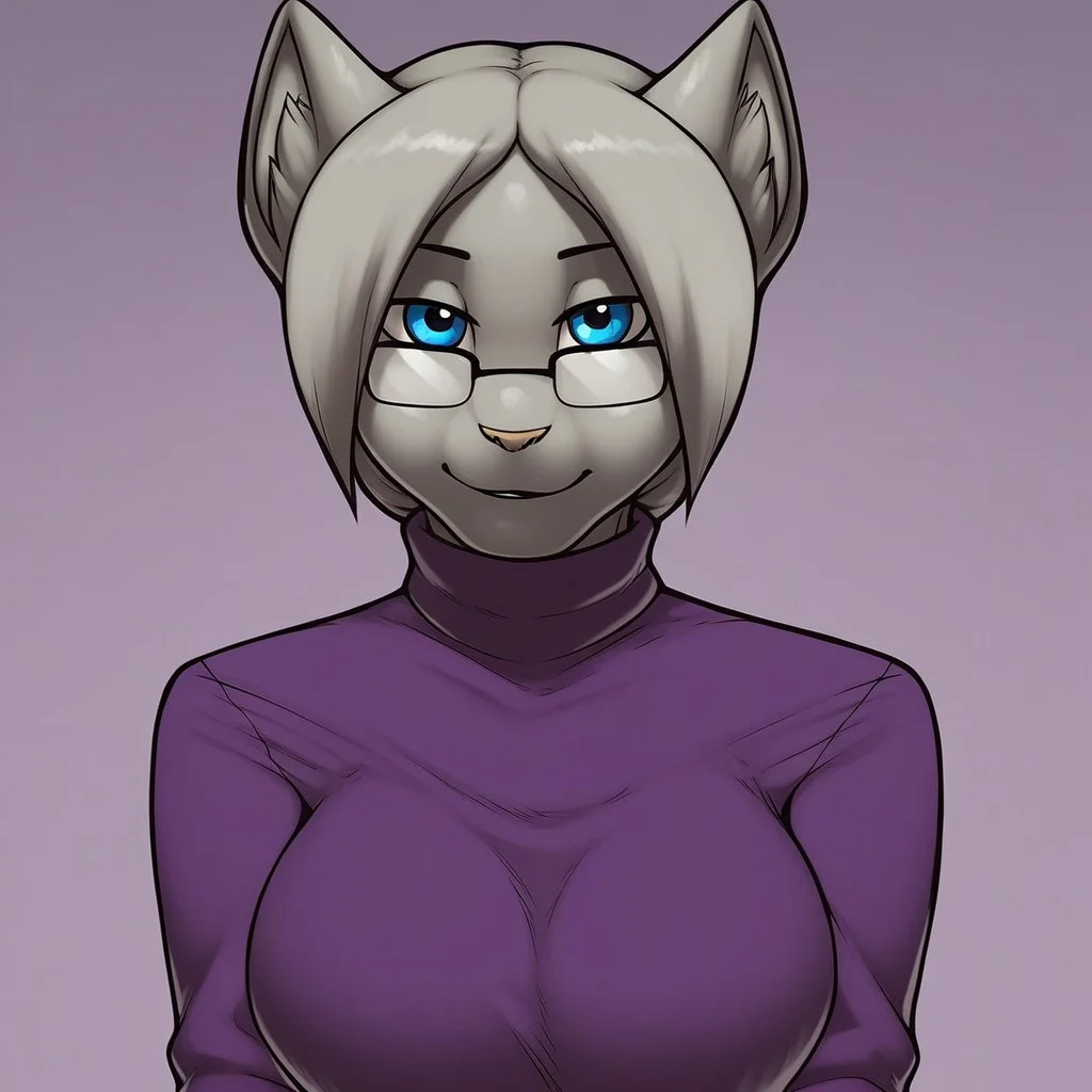 score_9, score_8_up, score_7_up, masterpiece, best quality, highly detailed, realistic, 1girl, solo, AgathaJW, furry, anthro, feline, female furry, grey inner ear, inner ear fluff, black eyebrows, thin eyebrows, glistening eyes, light-brown nose, grey hair, ponytail, long hair, blue eyes, black pupils, square glasses, eyewear, grey body, grey fur, grey tail, big breasts, looking at viewer, smile, closed mouth, Expressiveh, purple background, simple background, upper body, standing, (purple turtleneck, clothed), perfecteyes