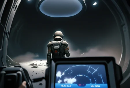 1girl, <lora:United_States_Colonial_Marine_Corps_-_Aliens_SDXL:0.8> uscmc, alien \(series\), soldier, military, uniform, armor, helmet, from behind, facing away, <lora:M314_Motion_Tracker_-_Aliens_SDXL:1> m314 motion tracker, m314mtn, pov, third person perspective, holding_tracker, trackerscreen, science fiction, fog, derelict, spacecraft, interior, debris, cable, machinery, dramatic lighting, shadow, filmic, cinemascope, vignette, horror \(theme\), depth of field, (masterpiece), (best quality), (ultra-detailed), very aesthetic, illustration, perfect composition, intricate details, absurdres