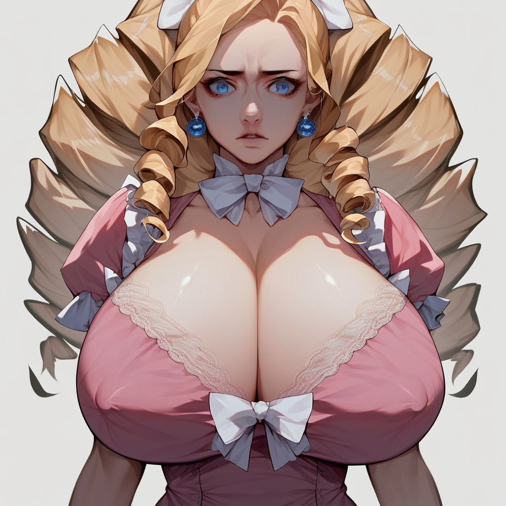 source_anime, score_9,score_8_up, score_7_up,score_6_up, anime style,  highly detailed, absurdres, BREAK, 1woman, diana_aamaan, Daiyana, diana_aamaan_(Evil_Woman_Executive), long hair, drill_hair, hair_between_eyes, (blonde hair), (blue eyes), huge breasts, breasts covered, nipple_outline, (pink dress, white bow, cleavage), earrings, jewelry, hair_ornament, frills, lace, anklet, simple background