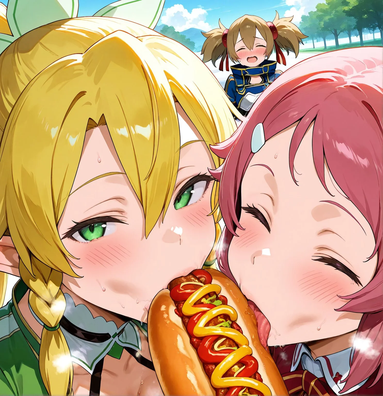 masterpiece,best quality,amazing quality,very aesthetic,absurdres,newest, huge filesize,
<lora:spo_sdxl_10ep_4k-data_lora_webui:0.5>,
<lora:add-detail-xl:1>
<lora:Eating_a_hotdog:0.7>
pov hotdog, huge hotdog,
Eating a hotdog,  cooperative fellatio Eating ,  licking hotdog,  facedown,
(3girls:1.4),food,multiple girls, 
hot dog,blush,
sexually suggestive,
sweat,
seductive,
sexy,
food play,closed eyes, enjoy,white sauce,
BREAK
lisbeth \(sao\), 
silica \(sao-alo\), 
 leafa \(sao\),