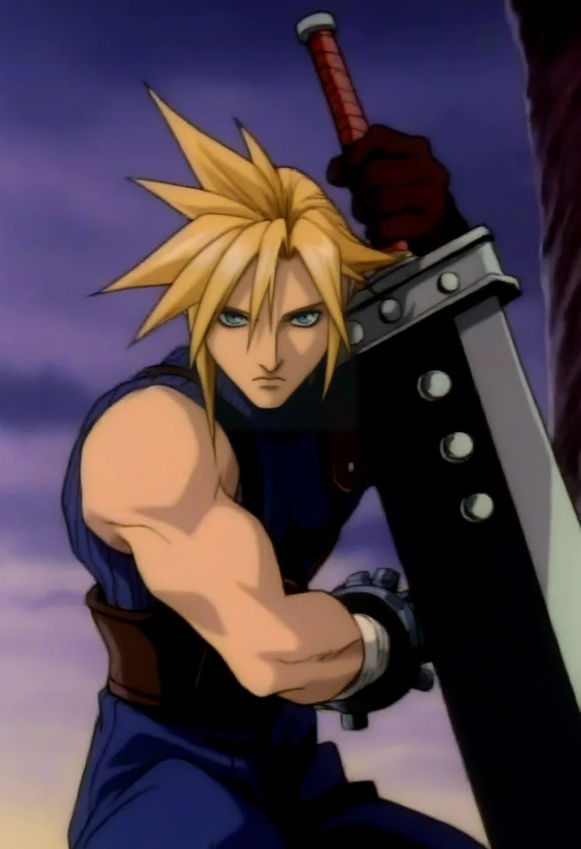 masterpiece, best quality, solo, looking at viewer, 1boy, <lora:Darkstalkers-Ova-illus_Fp:1>, 1990s \(style\), retro artstyle, cloud strife, buster sword, holding,