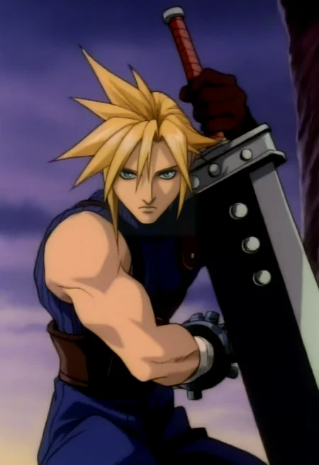 masterpiece, best quality, solo, looking at viewer, 1boy, <lora:Darkstalkers-Ova-illus_Fp:1>, 1990s \(style\), retro artstyle, cloud strife, buster sword, holding,