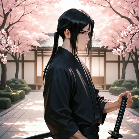 masterpiece, best quality, amazing quality, absurdres, newest, detailed background, definition so sharp, Ultra-HD, 8K cinematic, very awa, impressionate, amazing quality, highres,
solo, male focus, manly,
kurohyatogami, kuroh_black hair, kuroh_black eyes, 1boy, low tied hair, long hair,
calm expression, gentle gaze, holding sword \(sheathed\), traditional japanese garden, cherry blossoms, soft lighting, peaceful, protective, serene, cool, warm aura