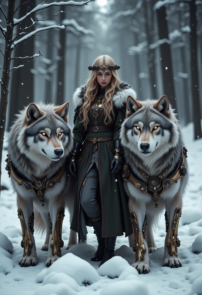 The image is a high-resolution photograph featuring a young Elven woman and two large steampunk wolves in a snowy forest setting. The woman has long, wavy blonde hair adorned with a delicate, leafy headpiece. She is dressed in thick, fur-lined clothing, perfect for the cold, with a cloak draped over her shoulders and a warm tunic beneath. Her hands are adorned gloves. Flanking her are two majestic steampunk wolves, their bodies a fusion of metal and fur, with brass gears, exposed mechanical joints, and glowing eyes powered by intricate machinery, standing protectively by her side, blending into the snow-covered, enchanted landscape.
