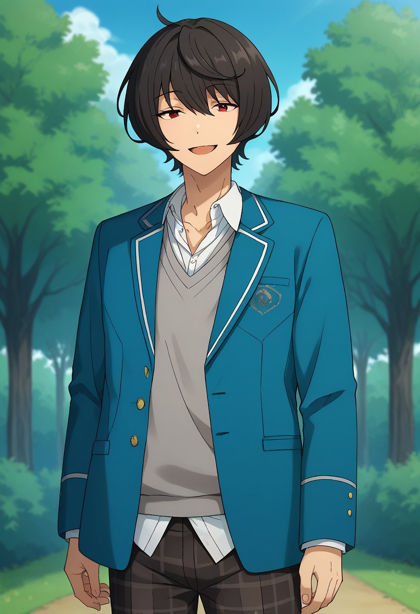 score_9, score_8_up, score_7_up, source_anime, highly detailed, 
ritsusakuma, 1boy, male focus, plaid pants, solo, school uniform, black hair, pants, jacket, blazer, plaid, looking at viewer, red eyes, 
standing, open jacket, blue jacket, vest, grey vest, shirt, white shirt, open mouth, smile, sleepy
upper body, sky, tree,