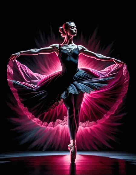 Ultra realistic full body color pencil drawn portrait of Full body, wide angle view of an Oneiric ballerina, emits a fuchsia glow against the stark void adorned in black lace, fluid in motion <lora:ral-chrosc-clr:1> ral-chrosc-clr