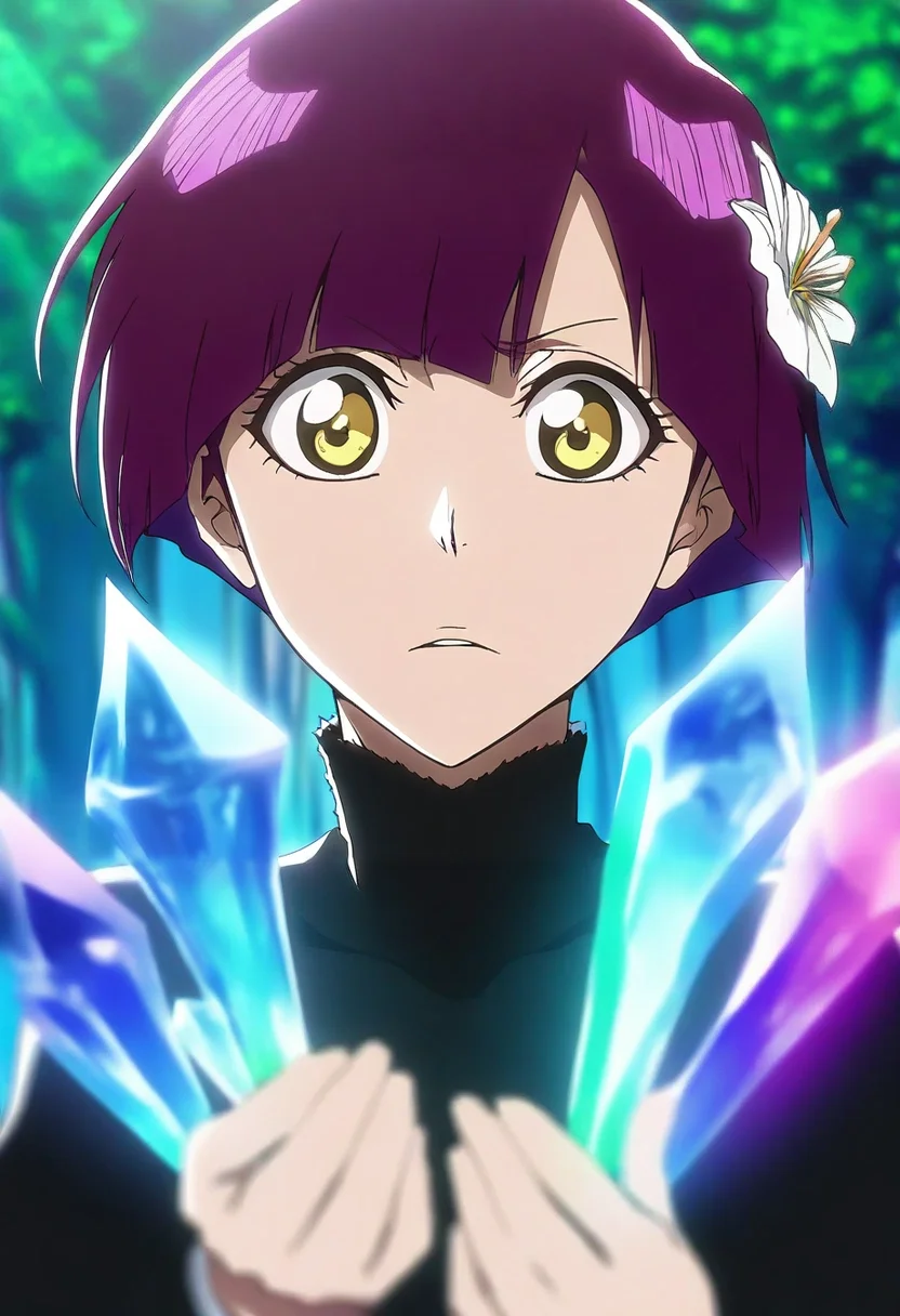 masterpiece, best quality, , intricate details, looking at viewer, depth of field, 1girl, yellow eyes, purple hair, boy cut, hair flower,, solo, crystal forest, geometric trees, prism effects, light beams, touching crystal, wonder expression, rainbow lighting, <lora:bleach_tybw_style_ilxl:0.9>, bleach_tybw_style,