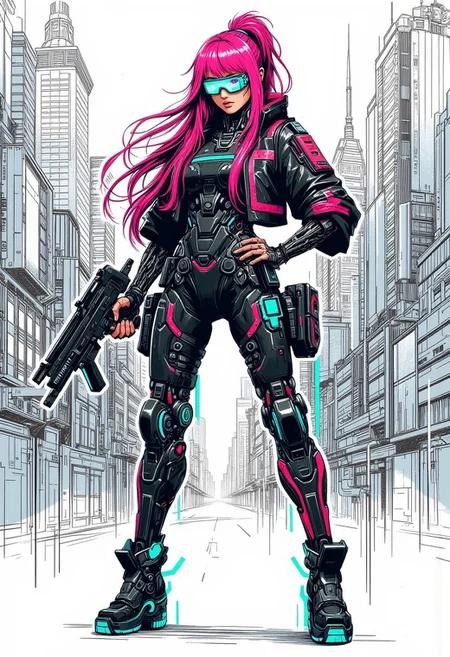 mad-cbrpnksplshrt full of details but with faded outlines, neon ultraviolet hair cyborg girl soldier in combat armor with one robotic arm and one robotic leg holding a pulse rifle, and beautiful sketch of new york city behind, best quality, sharp image,