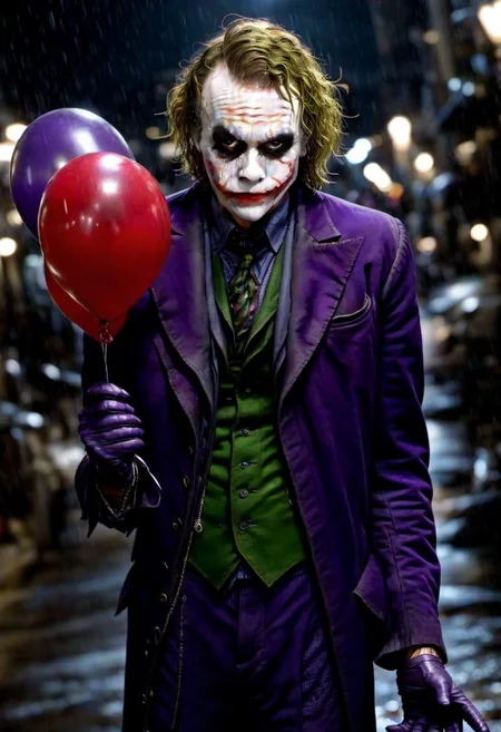 <lora:PE_Joker_DarkKnight:0.8> PEJoker, joker,
holding a bunch of balloons, heary rain, street, at night,
masterpiece, high resolution, octance 4k, high detail,
professional photo, cinematic,