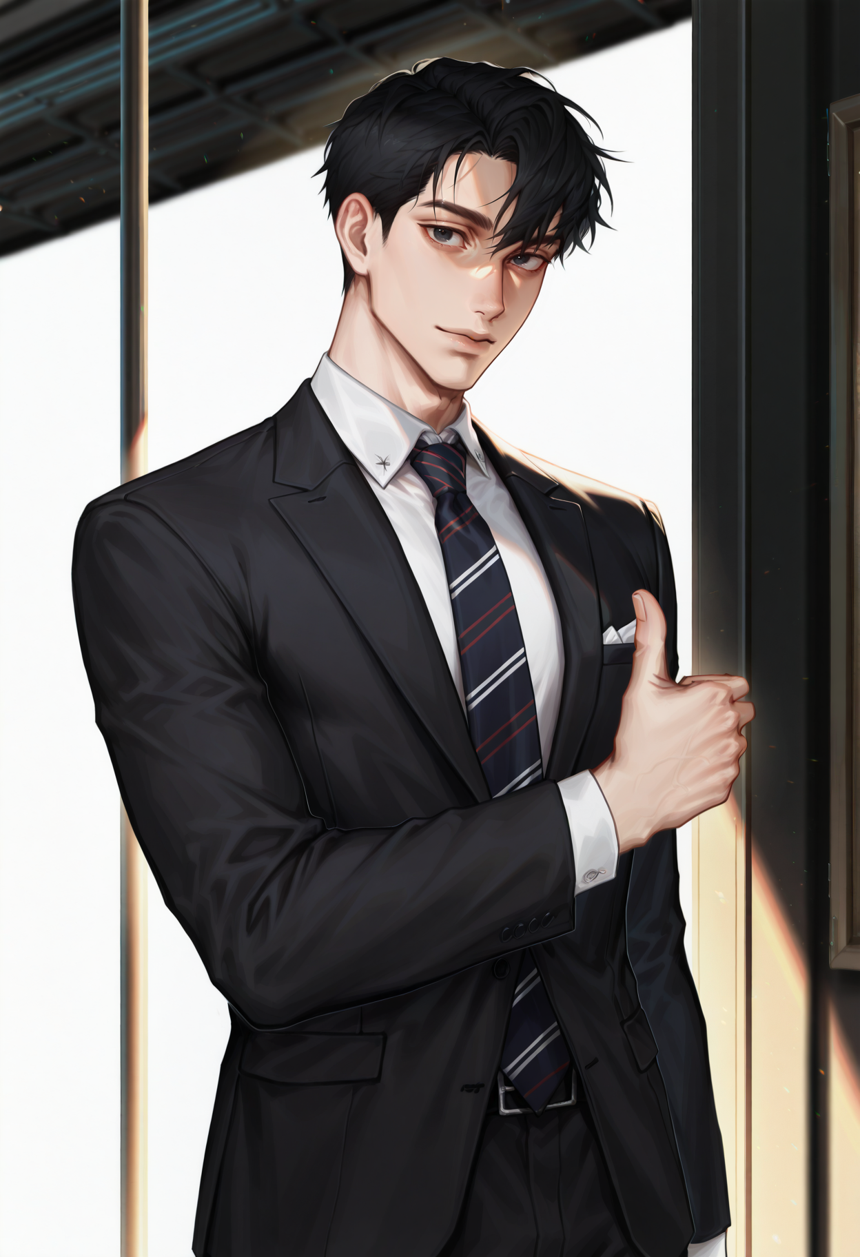 <lora:MythweaverILXL-000010:1> mythw3av3r,
1boy, male focus, solo, necktie, thumbs up, black hair, formal, suit, looking at viewer, shirt, white background, striped necktie, black eyes, collared shirt, long sleeves, masterpiece, best quality, amazing quality, intricate detail, highly detailed, absurdres, very aesthetic, dynamic lighting, detailed background, scenery, (volumetric lighting)
