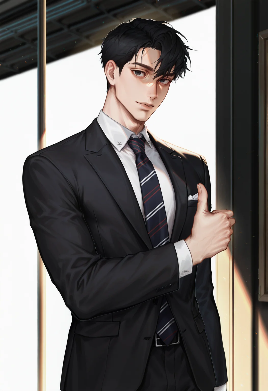 <lora:MythweaverILXL-000010:1> mythw3av3r,
1boy, male focus, solo, necktie, thumbs up, black hair, formal, suit, looking at viewer, shirt, white background, striped necktie, black eyes, collared shirt, long sleeves, masterpiece, best quality, amazing quality, intricate detail, highly detailed, absurdres, very aesthetic, dynamic lighting, detailed background, scenery, (volumetric lighting)