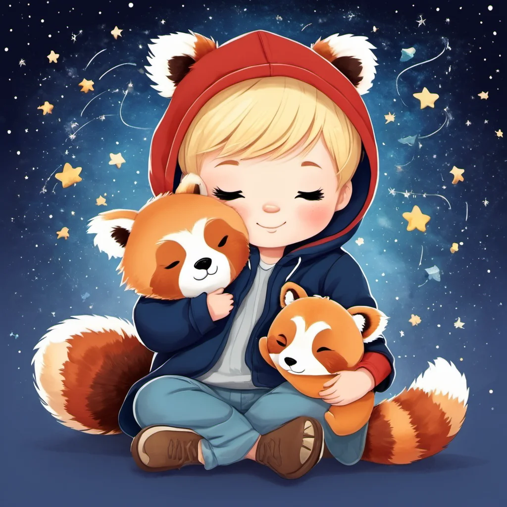 illustration, children's book, simple art of a sleeping toddler boy with short wavy blonde hair wearing a hoodie, holding a single stuffed animal. dreamlike, stars, galaxy, chibi BREAK (stuffed animal:1.1) (red panda:0.9)