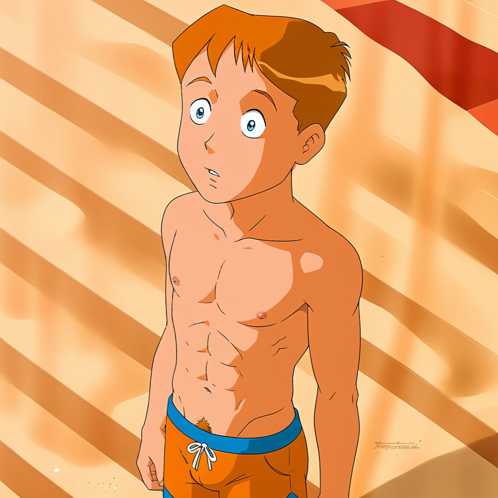 embedding:Pony\Positive\zPDXL3, masterpiece, best quality, good quality, male focus, jason_hightower_totally_spies, solo, aged up, 18 years old, 1boy, mature male, mature man's body, male focus, high resolution, slim body, outdoors, beach, sand, coney island, large head, wide head, short hair, reddish-orange hair, reddish-orange eyebrows, blue eyes, reddish-orange sideburns, reddish-orange thin goatee, topless male, blue swimtrunks, beach background, barechest, pectorals, nipples, navel, abs, pubic hair