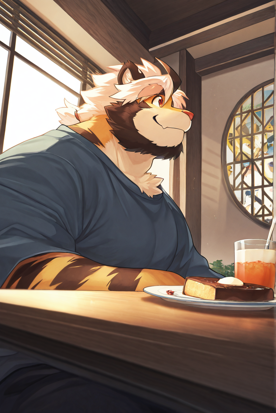 safe_pos, furry male, male focus, solo, thick eyebrows, multiple boys, group, furry, tiger, cute, close up, from below, glistening eyes, sitting, anthro, kemono, living room, having brunch, pastry, light leak through window, vibrant, happiness, wooden table, cozy, smile, casual clothing, kitchen in the background, small plants, indoor, mountain views, warm lighting, soft light reflection, exciting, shading BREAK very aesthetic, masterpiece, very impressive background, best quality, high quality, absurd res, high detail, smooth drawing,  <lora:Character_Trad_Mon-Mon_ILXL:1>