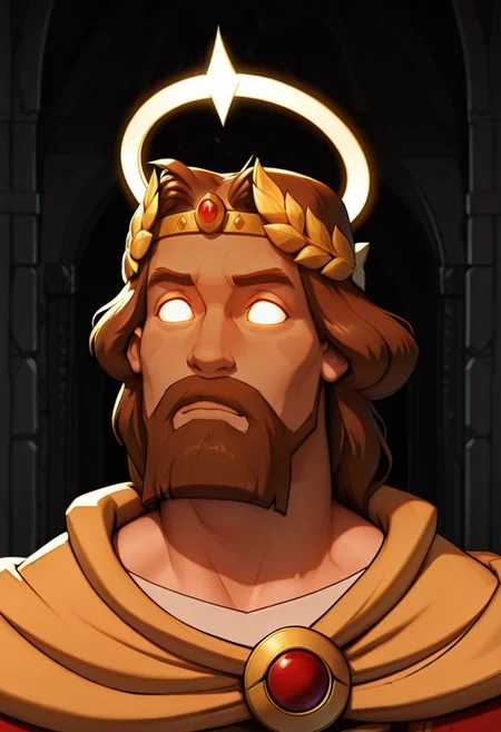 concept art cinematic film still masterpiece, best quality,high quality, newest, highres,absurdres,
<lora:zayz-20:1>knyaza, 1boy, male focus, solo, facial hair, mustache, brown hair, cape, beard, circlet, crown, close up, castle, indoors,  bored, portrait,
 <lora:DarkerThanBlackIllustrious:1> <lora:God_Emperess_Of_Mankind_illustrious_Leaf1:0.8> GodEmpress,  parted bangs, no pupils, blank eyes, glowing eyes, laurel crown,  glowing halo <lora:illustrious_h_v2:0.5> looking at viewer <lora:illustriousXL_stabilizer_v1.23:0.8> cowboy shot, black background . shallow depth of field, vignette, highly detailed, high budget Hollywood movie, bokeh, cinemascope, moody, epic, gorgeous, film grain, grainy . digital artwork, illustrative, painterly, matte painting, highly detailed