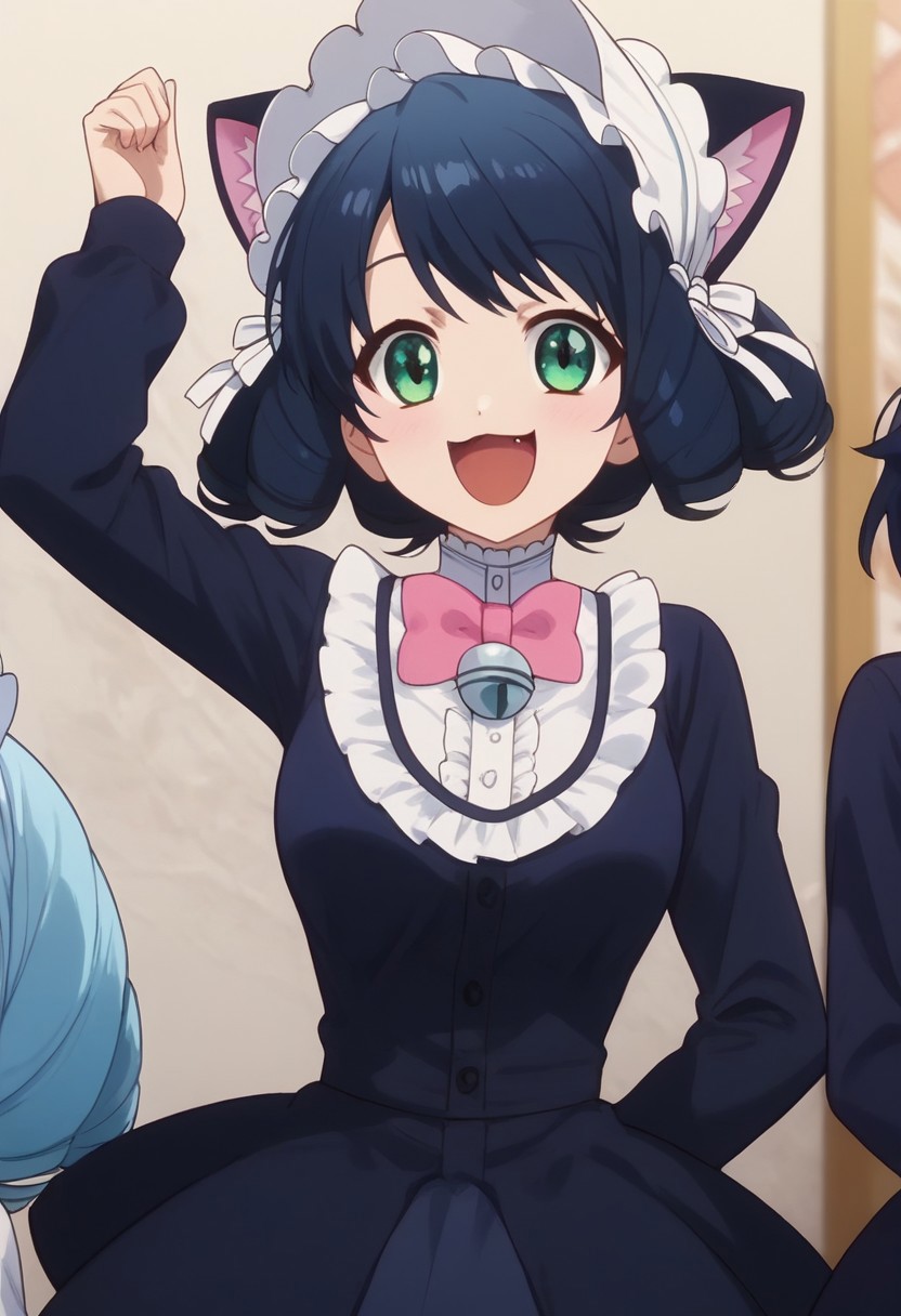 score_9, score_8_up, score_7_up, professional anime,1girl,solo,(Cyan from Show by rock!),perfect body,short girl,petite,<lora:show_by_rock_cyan:1>,1girl, short hair, black hair, green eyes, cat ears, cat tail, short dress, pink bowtie, long sleeves, bonnet, curly hair,medium breasts,happy,jumping