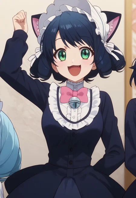 score_9, score_8_up, score_7_up, professional anime,1girl,solo,(Cyan from Show by rock!),perfect body,short girl,petite,<lora:show_by_rock_cyan:1>,1girl, short hair, black hair, green eyes, cat ears, cat tail, short dress, pink bowtie, long sleeves, bonnet, curly hair,medium breasts,happy,jumping