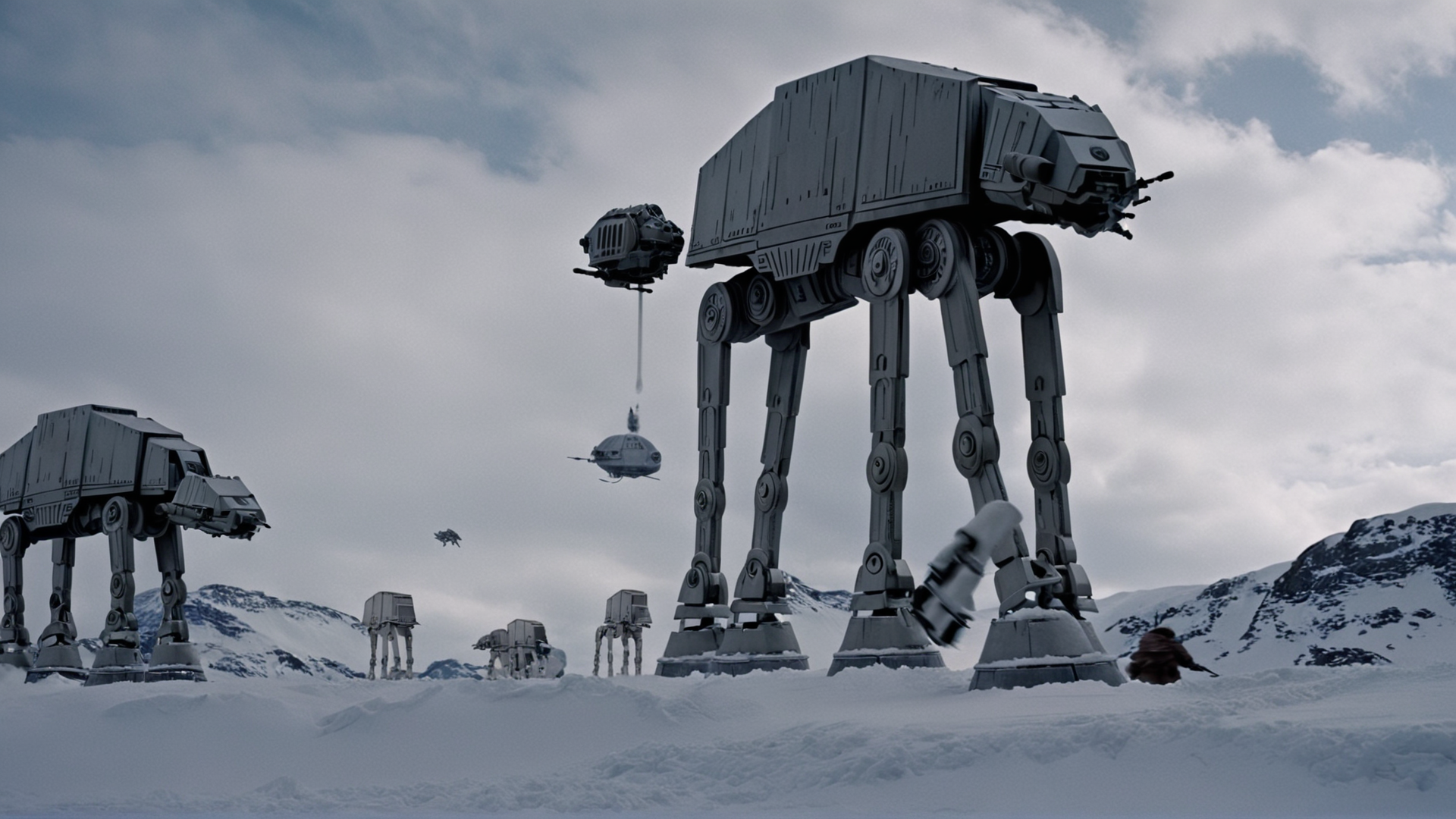 cinematic film still of  <lora:star wars style:0.2>
<lora:detailed:0.4> detailed
<lora:perfection style:0.4> perfect
<lora:PerfectEyesXL:0.5>
 <lora:Chiaroscuro Lighting Style:0.3>
 <lora:Hoth:0.9>
Hoth a star wars scene with a giant at - at and a small battle,in star wars style,outdoors,sky,day,cloud,no humans,robot,scenery,mecha,snow,science fiction,mountain,realistic,non-humanoid robot, shallow depth of field, vignette, highly detailed, high budget, bokeh, cinemascope, moody, epic, gorgeous, film grain, grainy