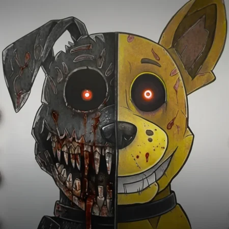 A drawing of a dog, in the style of JordanPersegati, split style drawing, animatronic, glowing eye, covered in blood, smiling, FNAF, horror, white background <lora:Jordan_Persegati_Style:1>