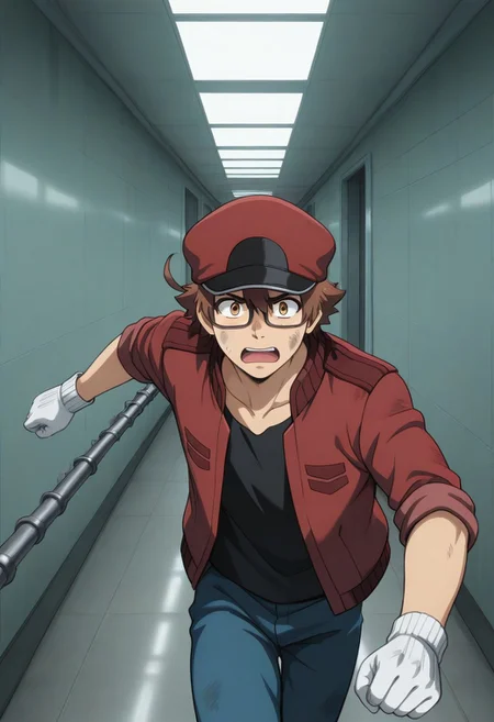 Anime, 1male focus, solo male only, ((perfect anatomy, high quality, high resolution, perfect eyes, perfect hands)), AA2153, brown hair, ahoge, yellow-brown eyes, glasses, red cap, black t-shirt, red jacket, open jacket, rolled sleeves, white gloves, blue pants, ((inside a dirty factory, long hallway, big tube pipes)), ((running towards viewer, panting, frightened expression, hurrying expression))