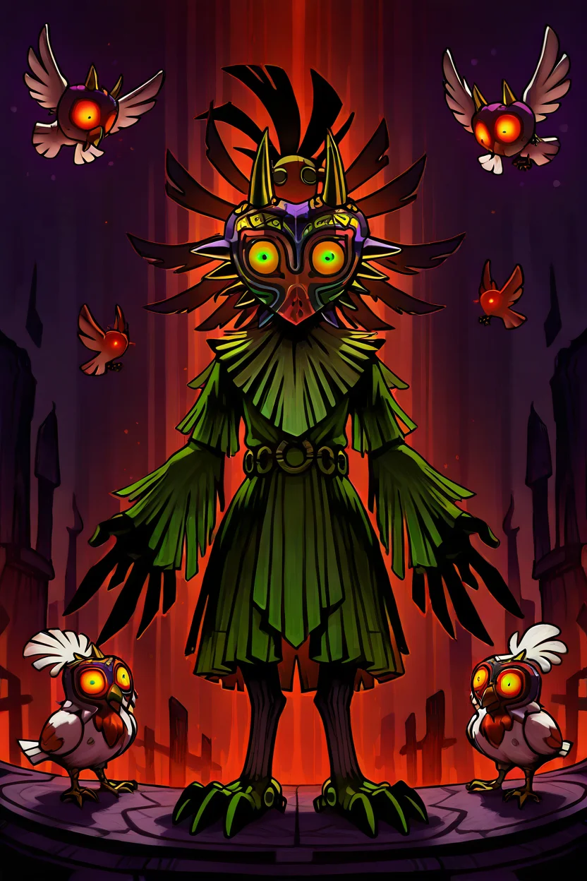 masterpiece, best quality, zzMajora, ry-spirit, cucco, nintendo, highres, alternate costume, bird, bird wings, corruption, dark persona, feathers, green eyes, horns, mask, no humans, possessed, possession, standing, video game, wings ,<lora:MajoraZeldaIXL_v2:1.0>,