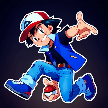 score_9, score_7_up, 
solo, 1boy, ash3, black hair, black eyes, 
baseball cap, blue jacket, white sleeves, short sleeves, black shirt, jeans, belt, 
sonic adventure pose, looking at viewer, grin, teeth, pokeball, holding pokeball, full body, 
white outline, 
Expressiveh, (vum:0.6),