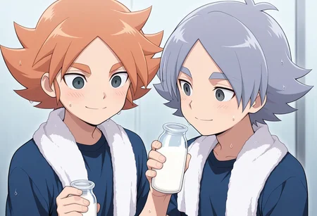 masterpiece,best quality,amazing quality, source_anime, 
2boys, brothers, smile, t-shirt, towel around neck, blush, smile, wet hair, holding milk bottle,
FubukiAtsuya, 1boy, male focus, grey eyes, orange hair, BREAK
fubukishirou, 1boy, male focus, grey hair, parted bangs, grey eyes, BREAK
indoor,