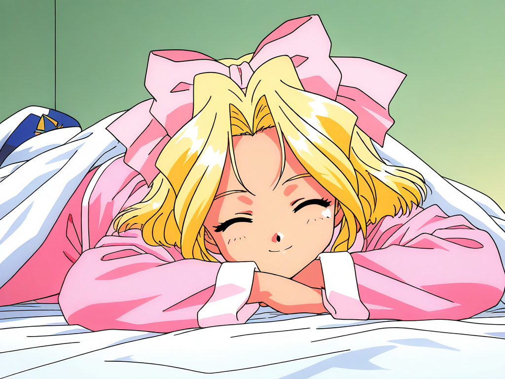 masterpiece, best quality, good quality, <lora:Iris_Chateaubriand_IS:1>  IrisChateaubriand, blonde hair, pink bow, blue eyes, hair bow, short hair, smile, pink pajamas, hat, bed room, 1990s (style), anime style, closed eyes,
Show less