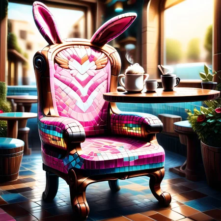 an adorable cute little bunny wearing pink suit sitting in chair, drinking coffee, outdoor cafe, bokeh, detailed, side view, full body view