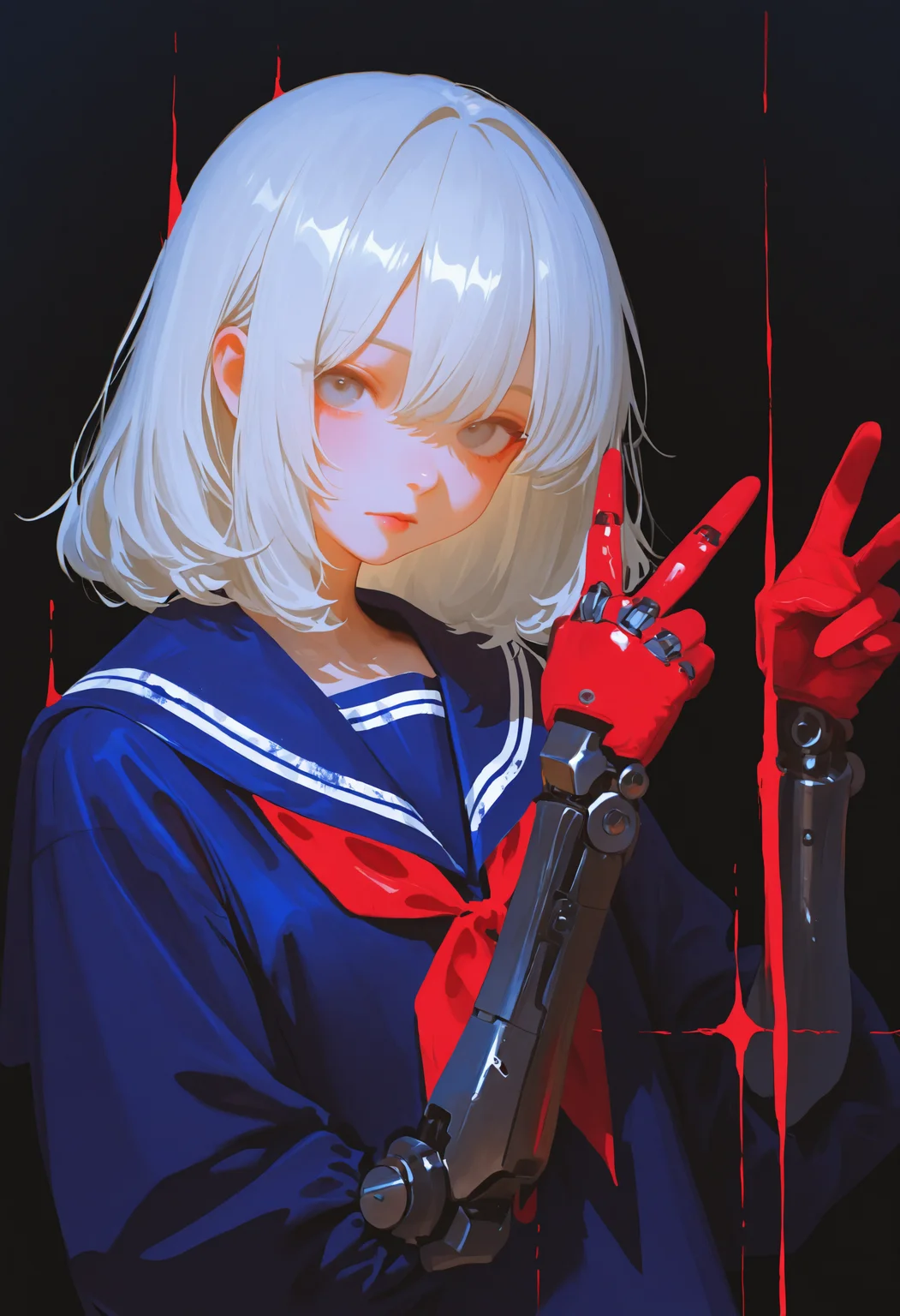 MF9f, 1girl, traditional media, abstract, abstract background, painting \(medium\), no lineart, solo, v, black background, upper body, school uniform, looking at viewer, white hair, grey eyes, closed mouth, short hair, medium hair, lips, sailor collar, red gloves, shirt, serafuku, blood, simple background, mechanical arms, expressionless