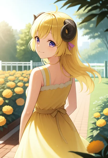 masterpiece, best quality, 1girl, solo, TsnmkWtm, horns, blonde hair, purple eyes, long hair, ahoge, from behind, yellow sundress, garden, day, sunshine, smile, looking back, <lora:ChamTsunomakiWatameIllustriousXL:1>, <lora:ChamIllustriousBackgroundEnhancer:1>
