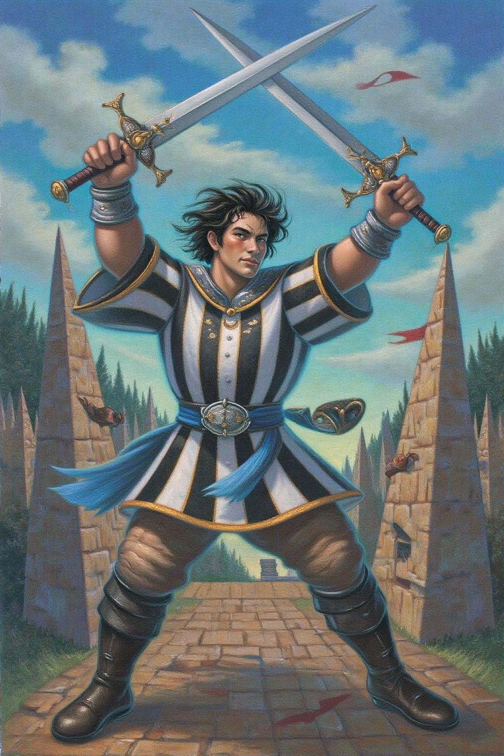 A majestic illustration of a medieval warrior stands confidently, dark tousled hair mussed from the fervor of battle. The white and black striped tunic, adorned with golden embroidery, billows behind him like a cloak of valor. A blue sash cinches his waist, while a silver belt with ornate buckle accentuates his muscular physique. Two imposing swords, their hilts and pommels dripping in intricate design, are held aloft in each hand, as if ready to vanquish any foe that dares approach. The framing is a dynamic, action-packed shot, with the warrior centered against a dramatic, cloudy sky. <lora:magr1_cap_d6a3e12:1.0><lora:828067345604813425:0>