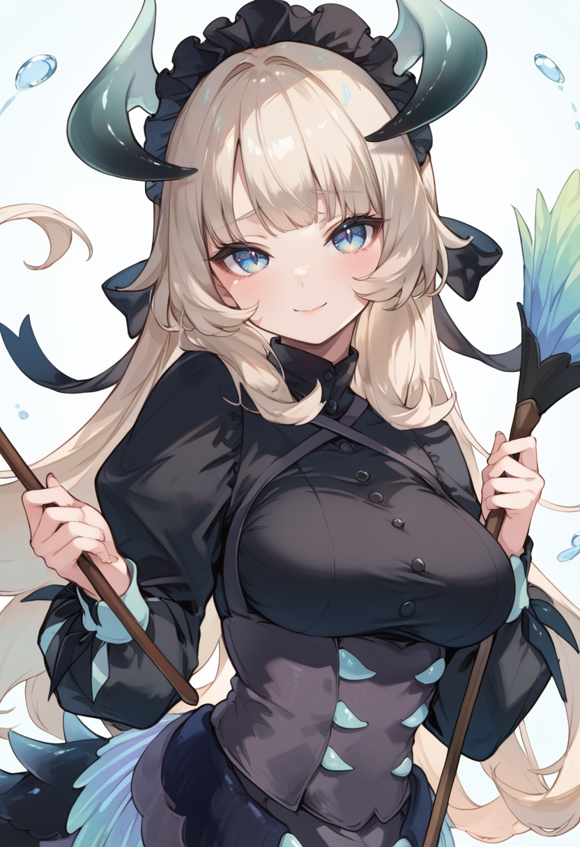 (score_9:0.9),score_8_up,score_7_up,rating_safe,anime style,(zPDXL),<lora:Chamber dragonmaid ponyXL v1:0.74>,chamber dragonmaid,1girl,solo,large breasts,holding duster,smile,blush,looking at viewer,black maid dress,dragon wings,closed mouth,black mob cap,upper body,duster,