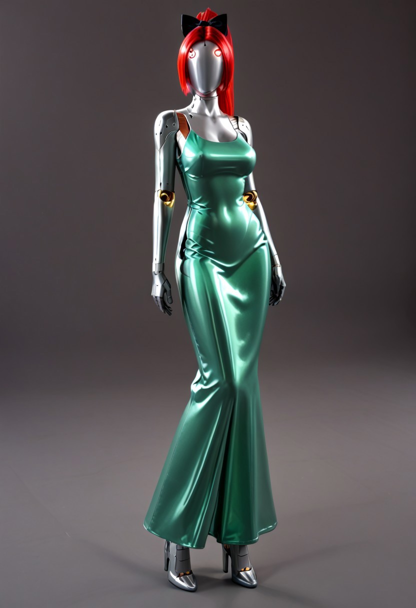 A full length 35mm photo of a beautiful 30-year-old woman, robotic, smooth metal skin, she is made of smooth matte silver metal, standing in a Scandinavian house, her torso has a serial number on it, metallic red hair in a ponytail, black bow in her hair, electronic green eyes with mechanical iris, her feet are made to look like silver metal high heel shoes, she is standing still, she is wearing a vibrant green evening gown, she is holding a green satin clutch, standing in a minimalist Scandinavian house
Robot girl, Android, mechanical limbs, robot joints, metal skin,  no mouth, armor, no face, faceless, egghead