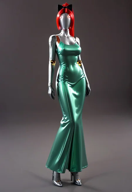 A full length 35mm photo of a beautiful 30-year-old woman, robotic, smooth metal skin, she is made of smooth matte silver metal, standing in a Scandinavian house, her torso has a serial number on it, metallic red hair in a ponytail, black bow in her hair, electronic green eyes with mechanical iris, her feet are made to look like silver metal high heel shoes, she is standing still, she is wearing a vibrant green evening gown, she is holding a green satin clutch, standing in a minimalist Scandinavian house
Robot girl, Android, mechanical limbs, robot joints, metal skin, no mouth, armor, no face, faceless, egghead