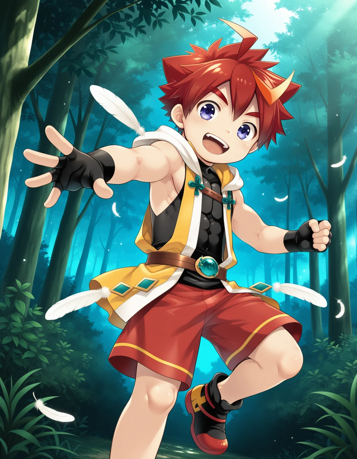 masterpiece,best quality,amazing quality
BREAK
izumi,solo,1boy, smile, open mouth, gloves,blue purple eyes, ahoge, male focus, multicolored hair, red hair, shorts, shoes, sleeveless, black gloves, hood, fingerless gloves,, feathers, red shorts,forest
BREAK
<lora:izumi_ill_hassaku_896_1152_v1:1>