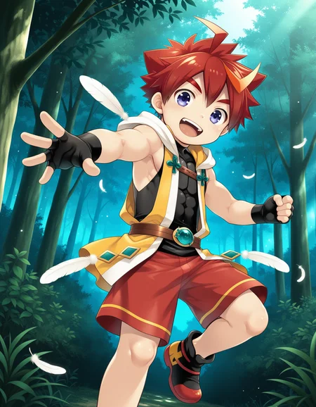 masterpiece,best quality,amazing quality
BREAK
izumi,solo,1boy,  smile, open mouth, gloves,blue purple eyes, ahoge, male focus, multicolored hair, red hair,  shorts, shoes, sleeveless, black gloves, hood, fingerless gloves,, feathers,  red shorts,forest
BREAK
<lora:izumi_ill_hassaku_896_1152_v1:1>