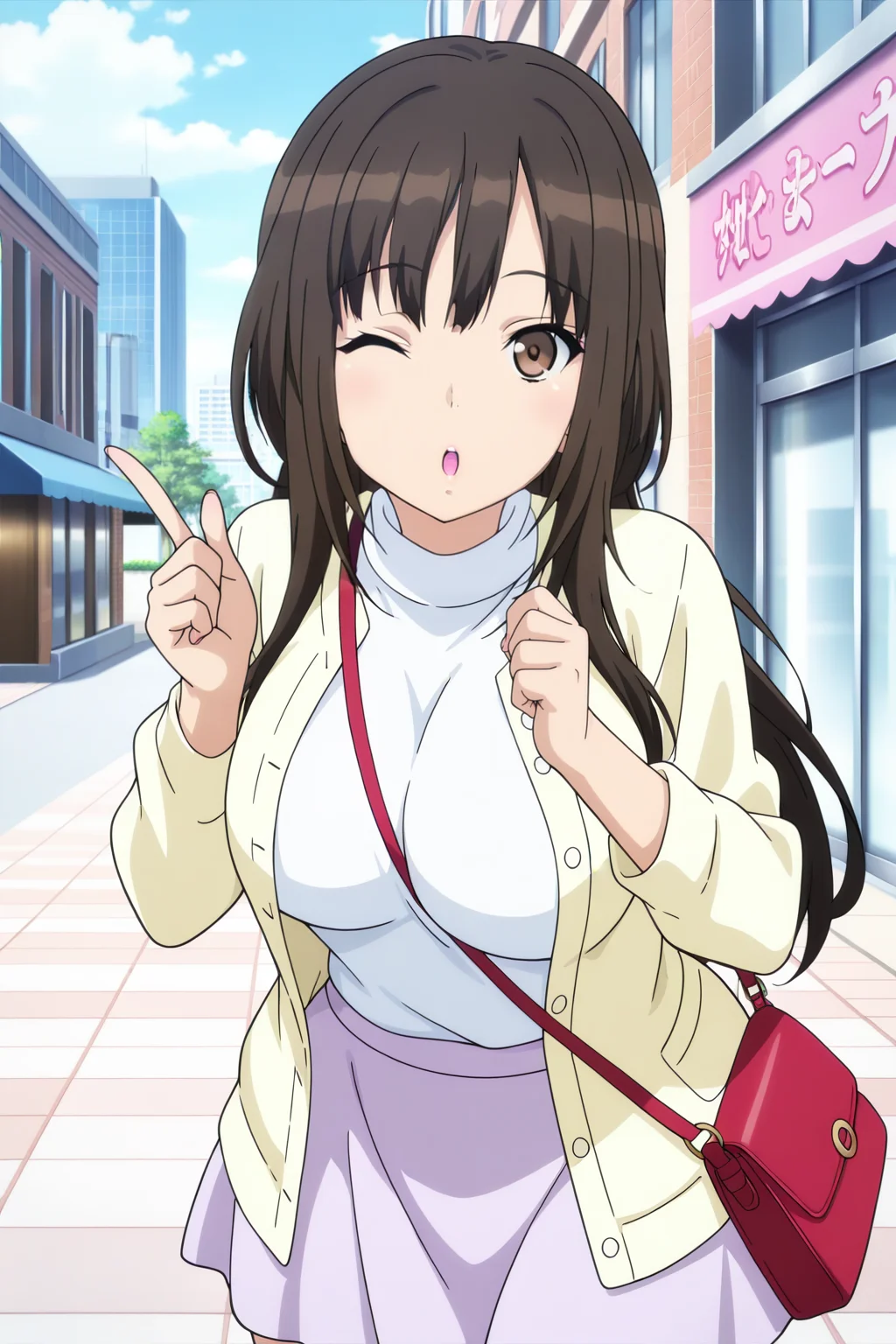 anime screenshot, kamizaki makoto, 1girl, solo, black hair, long hair, brown eyes, one eye closed, large breasts, yellow cardigan, open cardigan, white sweater, turtleneck sweater, long sleeves, light purple skirt, miniskirt, handbag, looking at viewer, smile, :o, index finger raised, cowboy shot, outdoors, city, shop, masterpiece, best quality, high quality, highres, absurdres, <lora:kamizaki_makoto_ILXL:0.9>