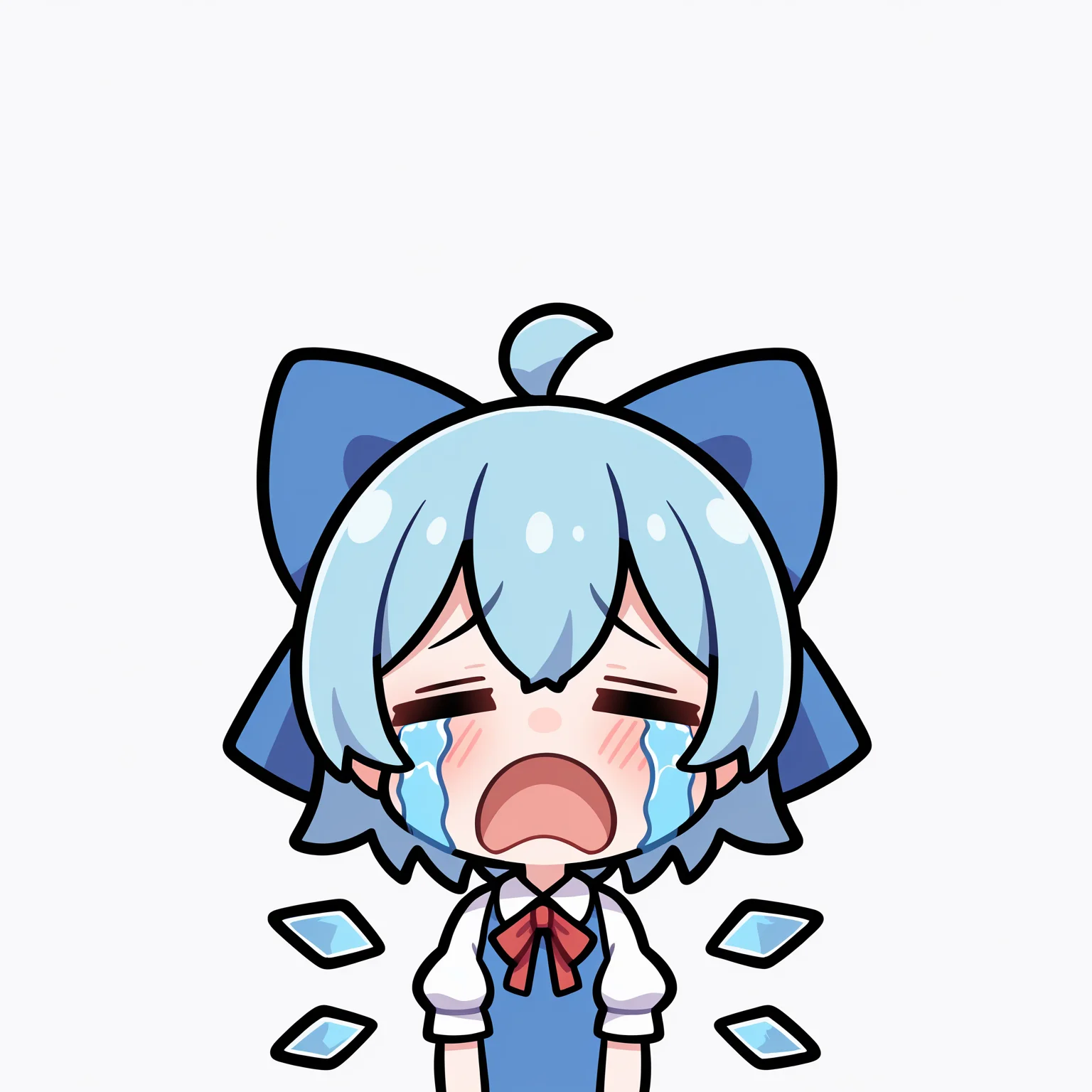 masterpiece, best quality, good quality,
uohhhhhhhhh! \(meme\), streaming tears, tongue, crying, meme, =_=, open mouth, tears,
cirno, 1girl, solo, blush, short hair, simple background, shirt, white background, dress, bow, ribbon, hair between eyes, blue hair, white shirt, upper body, ahoge, short sleeves, hair bow, wings, sleeveless, collared shirt, puffy sleeves, red ribbon, puffy short sleeves, sleeveless dress, blue dress, blue bow, ice, pinafore dress, fairy, ice wings, detached wings
<lora:uoh_ill_v1:1>