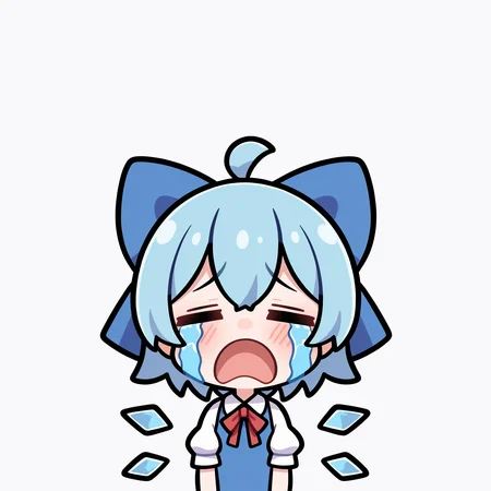 masterpiece, best quality, good quality,
uohhhhhhhhh! \(meme\), streaming tears, tongue, crying, meme, =_=, open mouth, tears,
cirno, 1girl, solo, blush, short hair, simple background, shirt, white background, dress, bow, ribbon, hair between eyes, blue hair, white shirt, upper body, ahoge, short sleeves, hair bow, wings, sleeveless, collared shirt, puffy sleeves, red ribbon, puffy short sleeves, sleeveless dress, blue dress, blue bow, ice, pinafore dress, fairy, ice wings, detached wings
<lora:uoh_ill_v1:1>