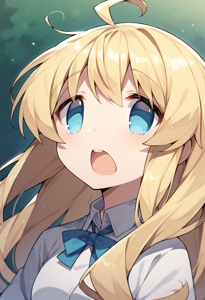 score_9, score_8_up, score_7_up, source_anime,yuuri, blonde hair, blue eyes, 1girl, solo, long hair, ahoge, open mouth, upper body