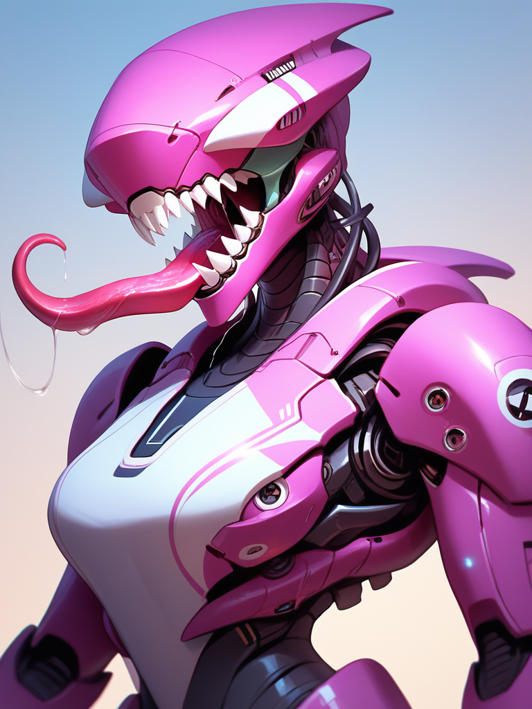 Score_9, score_8_up, score_7_up, score_6_up,  source_anime, mecha, 1girl, solo, cowboy shot, upper body,  looking at viewer, BREAK, open mouth, big  tongue,  (long tongue, saliva, drooling) BREAK,  big teeth, sharp teeth, mass production eva, big breasts, BREAK,, <lora:Concept_Chompers:1>