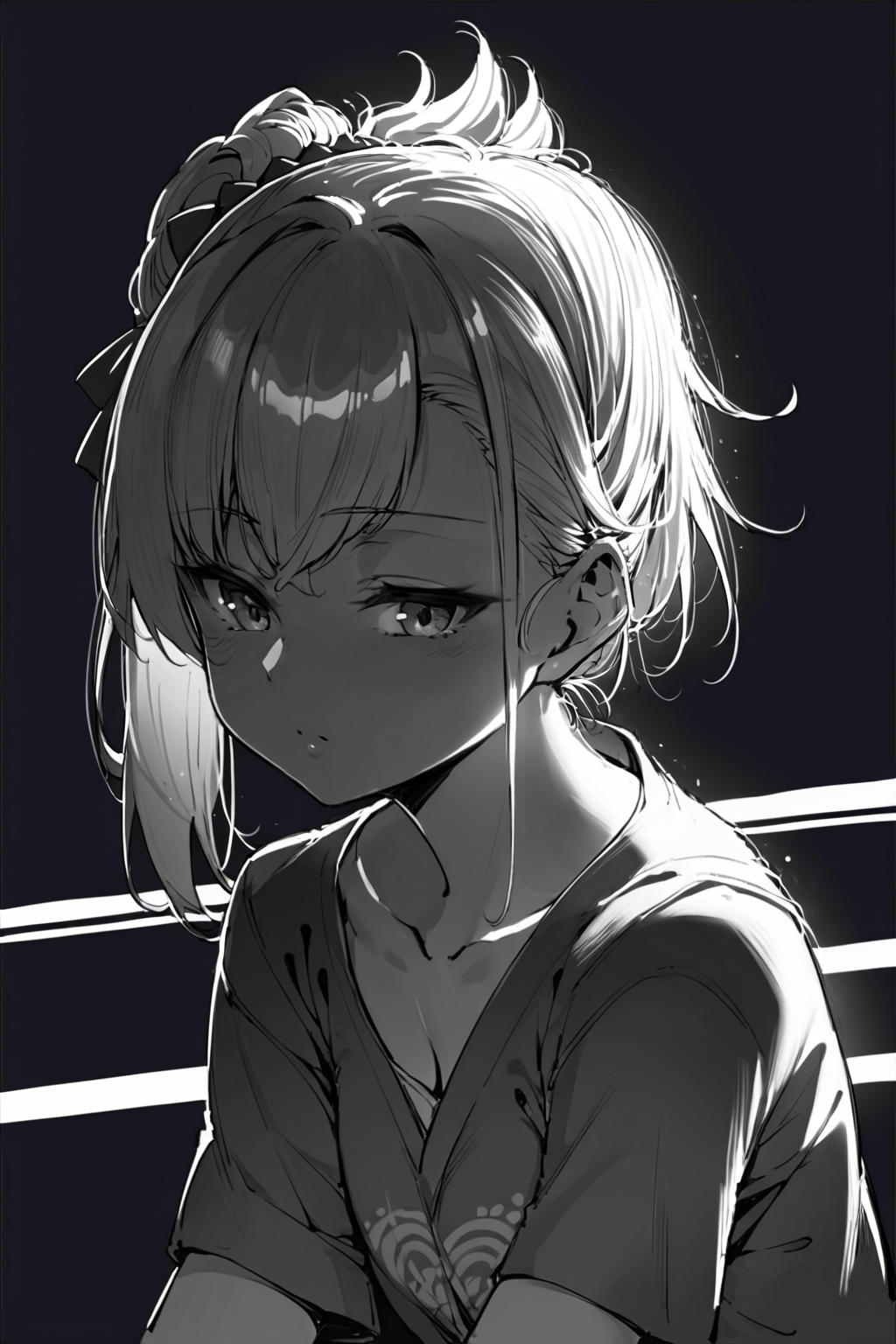 score_9, score_8_up, score_7_up, matou sakura fate \(series\), solo, solo focus, cowboy shot, simple background, black background, monochrome, greyscale, dark  Sitting on a bench with arms resting on the backrest, spot color, <lora:dblack:1>