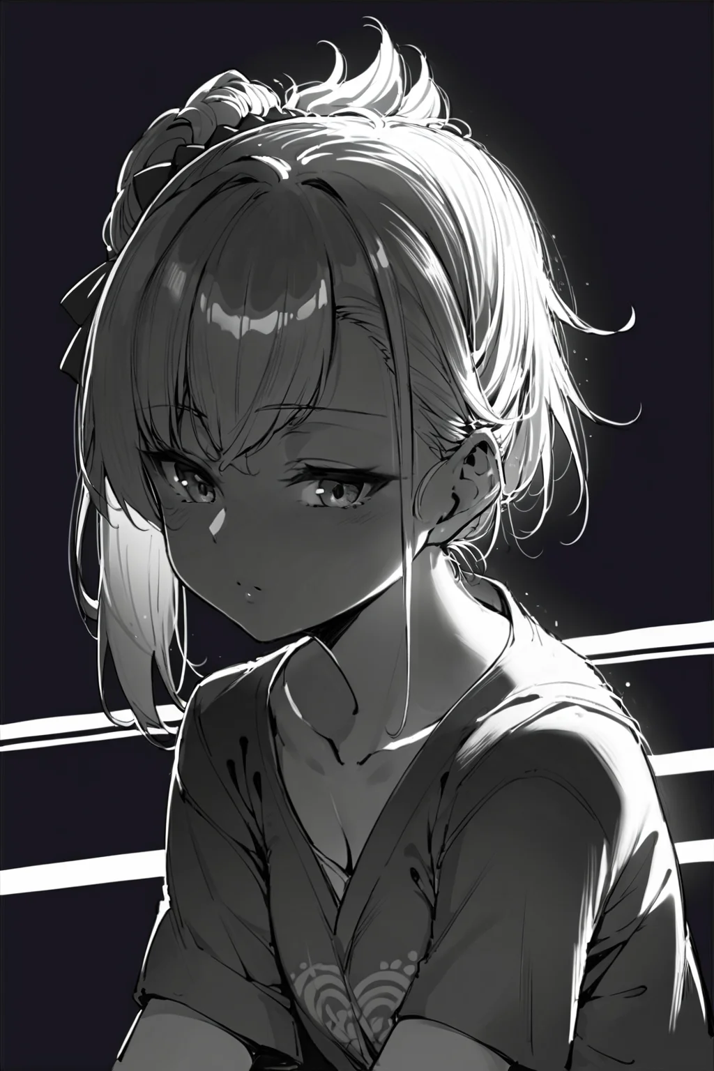 score_9, score_8_up, score_7_up, matou sakura fate \(series\), solo, solo focus, cowboy shot, simple background, black background, monochrome, greyscale, dark Sitting on a bench with arms resting on the backrest, spot color, <lora:dblack:1>