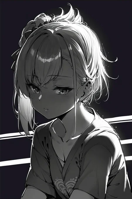 score_9, score_8_up, score_7_up, matou sakura fate \(series\), solo, solo focus, cowboy shot, simple background, black background, monochrome, greyscale, dark Sitting on a bench with arms resting on the backrest, spot color, <lora:dblack:1>