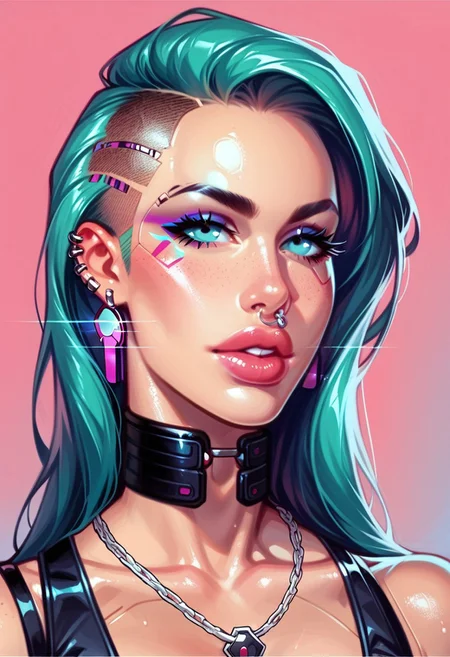 , Hyper-realistic, ultra-detailed cyberpunk portrait of a futuristic young woman with an edgy, high-tech aesthetic. Her skin is glossy and reflective, appearing almost liquid-metal with a smooth, oily texture that catches the vibrant glow of surrounding neon lights. Tiny freckles dot her face, blending into shimmering iridescent patterns that shift in color as they reflect electric hues of magenta, cyan, and violet. The photorealism is enhanced by dynamic light effects, casting sharp reflections and subtle shadows across her features. Her eyes, sharp and daring, gaze upward with a fearless expression, her metallic teeth glinting under the neon glow. Sleek mechanical implants trace along her jawline and neck, integrating seamlessly with her chrome-finished skin, creating the perfect balance between human beauty and cybernetic precision. Multiple piercings adorn her ears, nose, and lips, with silver chains elegantly draping across her face, catching flickers of neon with every movement. Subtle bloodstains on her lips introduce a raw, visceral edge, contrasting the polished elegance of her cybernetic enhancements. Her neck, covered in intricate tattoos, transitions into exposed cybernetic components—wires, circuits, and softly glowing energy conduits visible beneath translucent metal plates. Her bright teal hair, sharply styled with angular cuts, adds a vivid contrast against a pulsating neon-pink background that radiates futuristic energy. Cross-shaped earrings swing slightly, reflecting light with each movement. Dramatic lighting enhances the depth of her expression, with shadows strategically covering parts of her face to create a moody, dystopian atmosphere. The overall scene radiates digital tension, a perfect blend of rebellion, futuristic fashion, and cybernetic artistry in a high-tech, neon-lit cityscapebackground score_9, score_8_up, score_7_up, score_6_up, source_cartoon, rating_explicit, Expressiveh, ((portrait, close up)), dynamic pose, (the_same_girl_throughout), extreme close-up Portrait