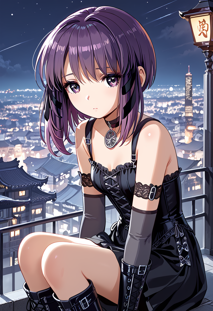 score_9,score_8_up,score_7_up,source_anime, high quality detailed, very aesthetic, 8K, 16K, high quality, best quality, detailed eyes, hand, beautiful hands, prefect hands, perfect anatomy, skin highlights, (1girl, looking away from viewer), Miho, sidelocks, purple hair, hair ribbons <lora:Miho_Tohya__Megatokyo:1>miho, choker, elbow gloves, fingerless gloves, gloves, greyscale, goth boots, sad expression, distant expression, sitting on light post, city, night, Japanese city